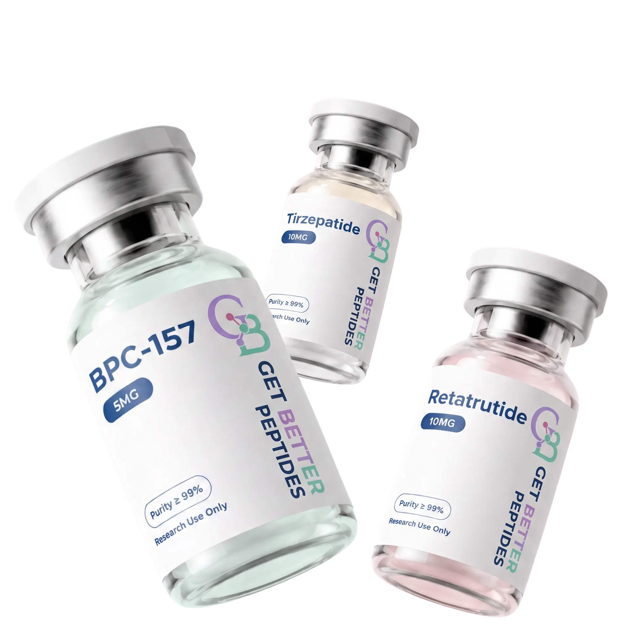BPC-157, Tirzepatide, and Retatrutide research vials